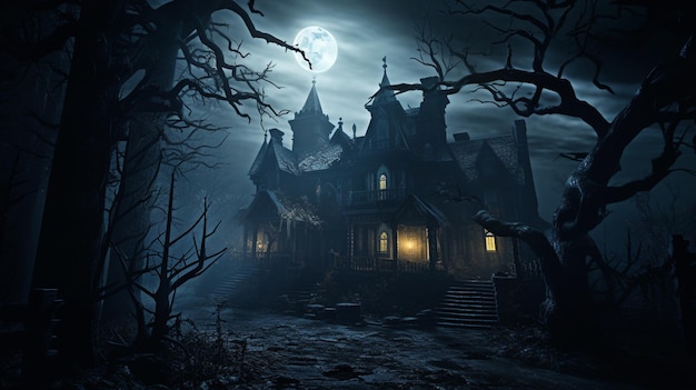 Ночная сцена жуткого дома с полной луной на заднем плане