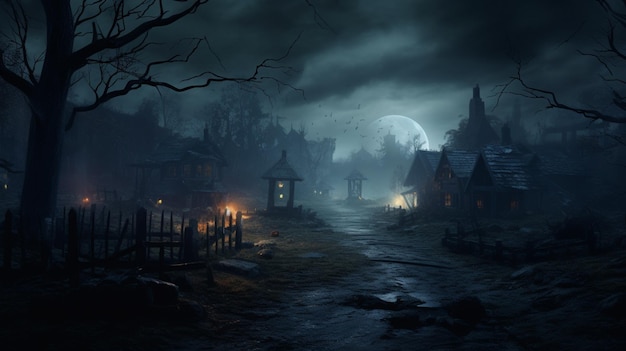 Ночная сцена жуткой деревни с полнолунием