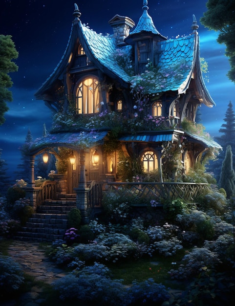 요정의 집과 그 집으로 이어지는 길의 야간 장면
