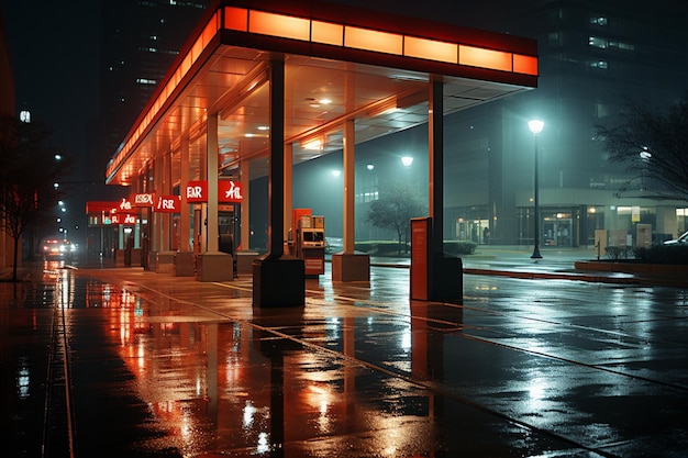 nighttime scene of a gas station with a red light on the side generative ai