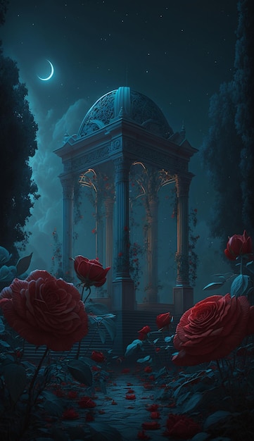 Nighttime scene of a gazeboar with and roses generative ai