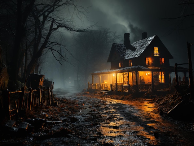 생성 인공 지능에 빛을 비추는 숲 속의 집의 야간 장면