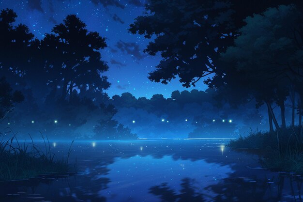 Nighttime scene of a lake with a few lights reflecting in the water generative ai