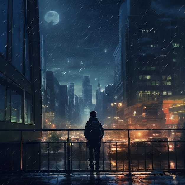 Nighttime scene of a man standing on a balcony looking at the city generative ai