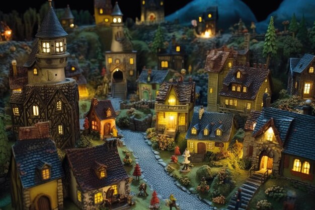 Фото Ночная сцена освещенной миниатюрной деревни, созданная с помощью генеративного ии