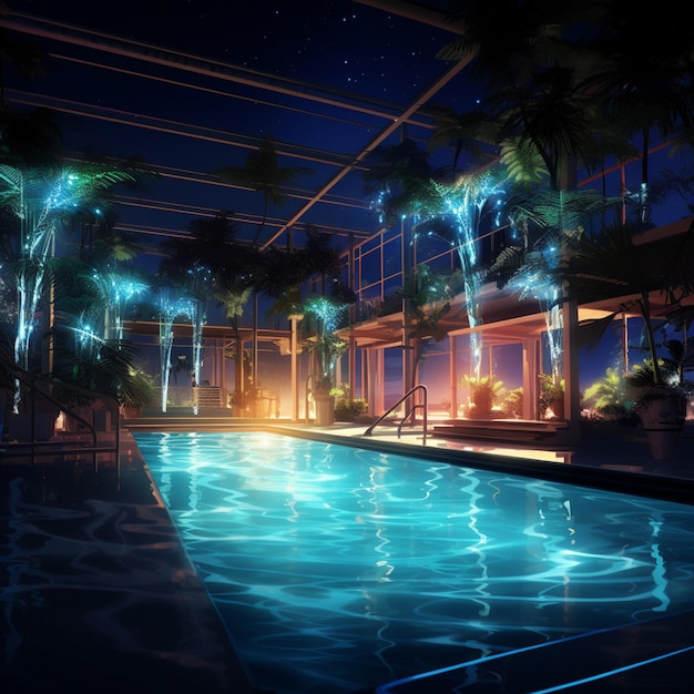 야자수와 조명 생성 AI가 있는 수영장의 야간 장면