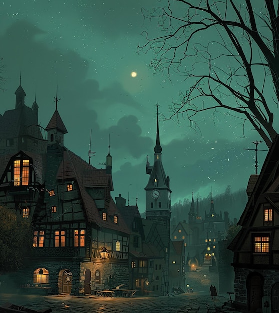 Ночная сцена города с часовой башней и улицей