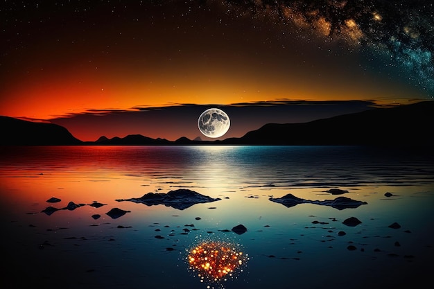 Ночной морской пейзаж со звездным небом, оранжевым закатом и лунным светом