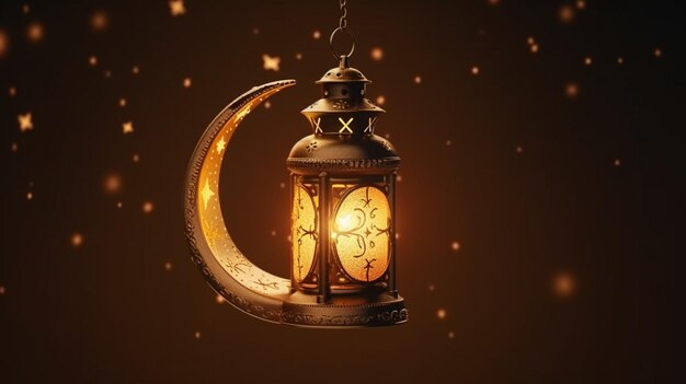 Ночная серенада Небесный фон обрамляет фонарь Рамадана с полумесяцем
