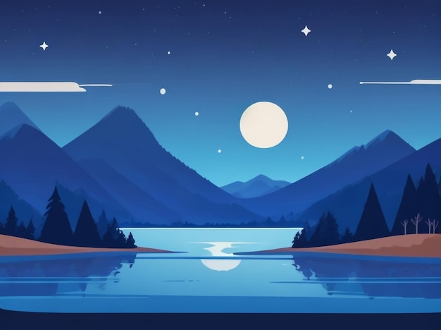 Nighttime serenity cartoonstyle mountains and lake at night landscape