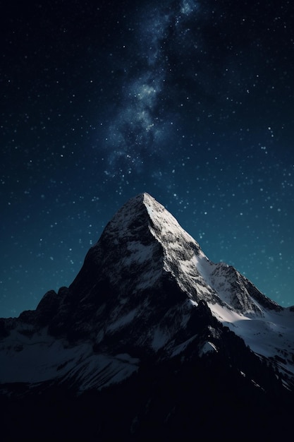 Foto serenità notturna vertice della montagna innevata sotto il cielo stellato