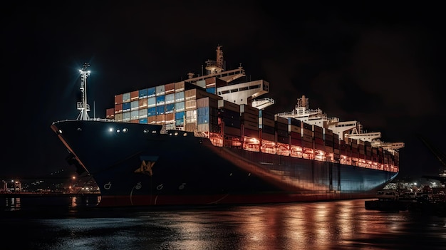 A nighttime shot of a containership