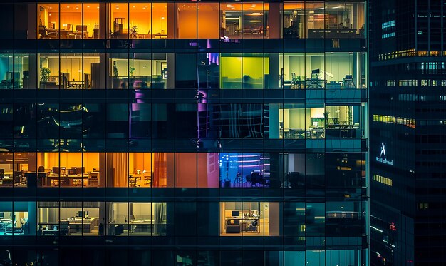 Nighttime Shot of an Office Building with Colorful Lights