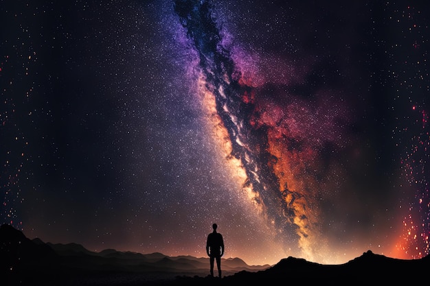 Nighttime silhouette of a human with the milky way and the cosmos in the backdrop