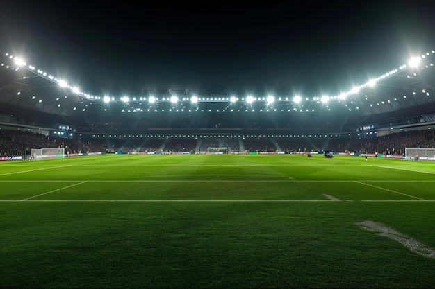 nighttime soccer stadium with lights grass field and stands filled with fans the background featu