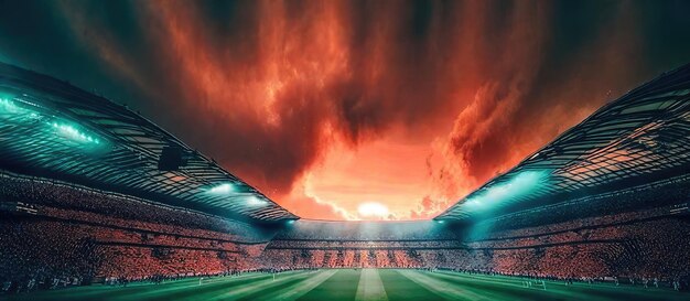 Photo nighttime spectacle soccer stadium illuminated by bright lights and buzzing with passionate fans