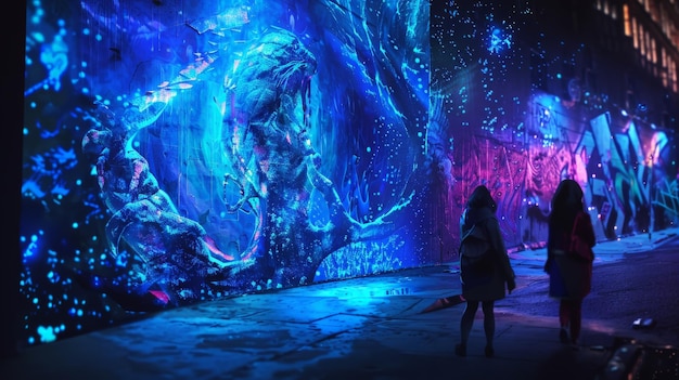 鮮やかなカラフルな壁画で照らされた夜の通り 人々が歩いて通り過ぎて 驚くべき都市芸術と夕方の囲気を展示しています
