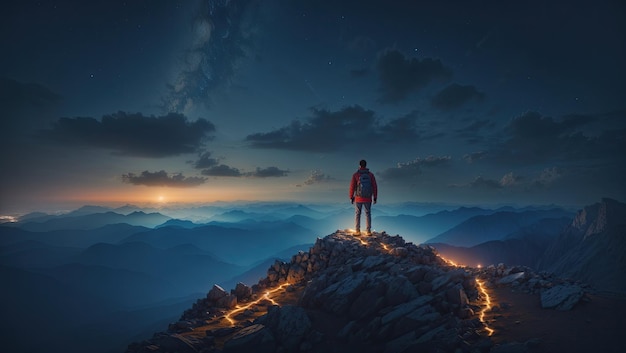 Nighttime Summit Standing Atop the Mountain