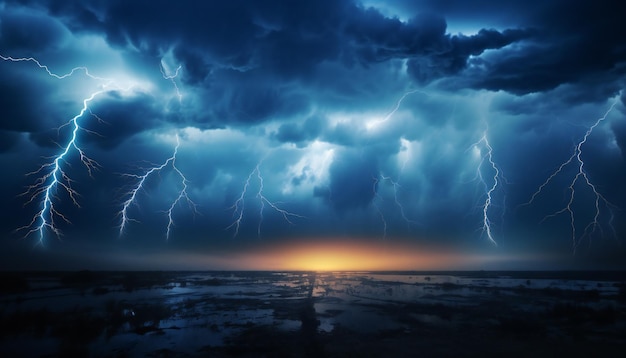 Nighttime tornado storm Mesocyclone lightning strikes illuminating the field