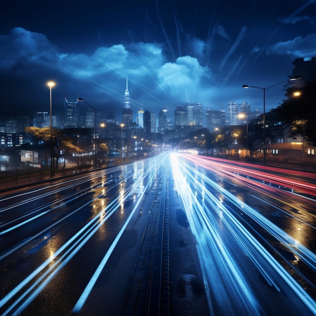 Nighttime urban pathways bathed in blue Enchanting vehicle light trails compose picturesque view For