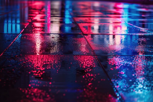 Photo nighttime urban scene with neon reflections on wet asphalt