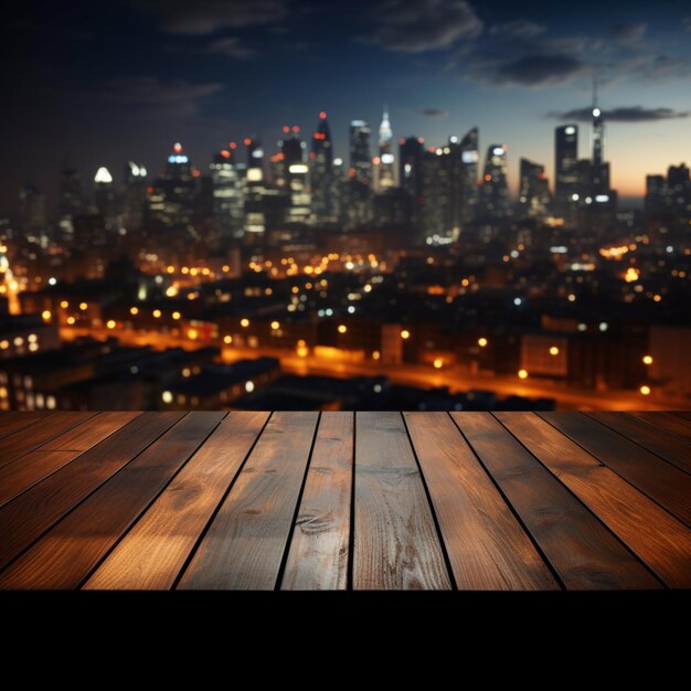 Nighttime urban scene Wooden table against blurred city building lights in darkness For Social Media