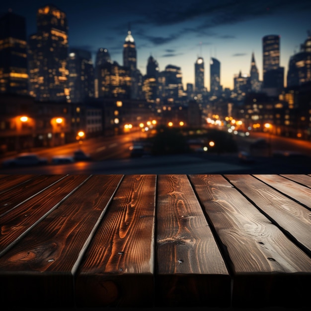 Nighttime urban scene Wooden table against blurred city building lights in darkness For Social Media