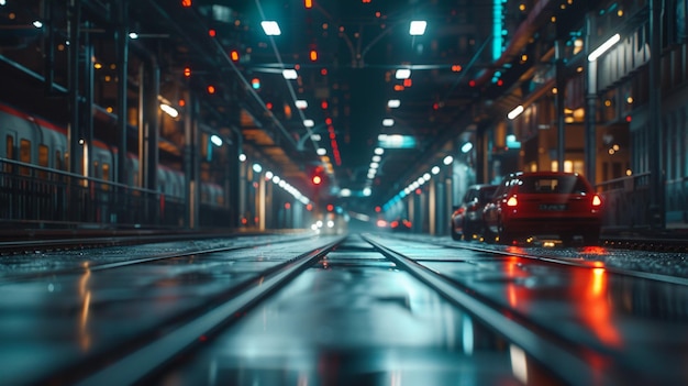 Nighttime Urban Street Scene Red Car Driving on Wet Road