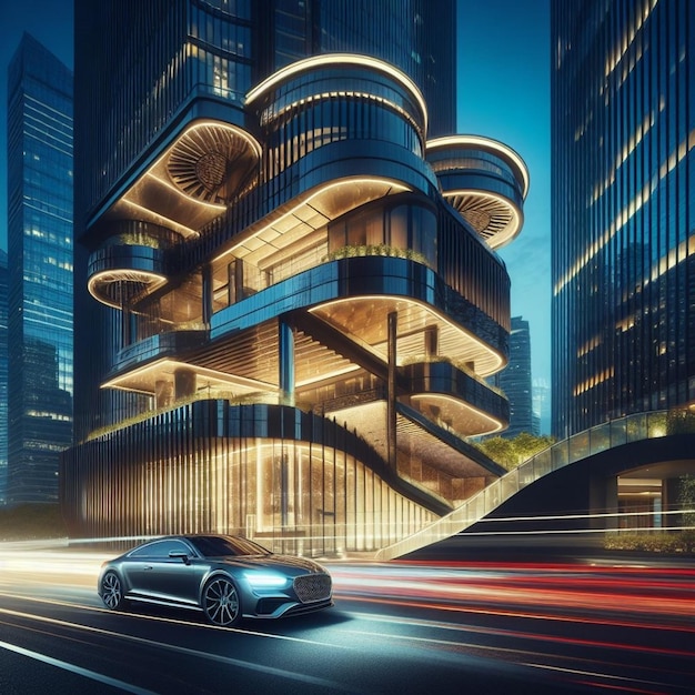 夜の速度豪華な車がスタイリッシュな都市の夕暮れのシーンで現代的な建物の近くでレースします