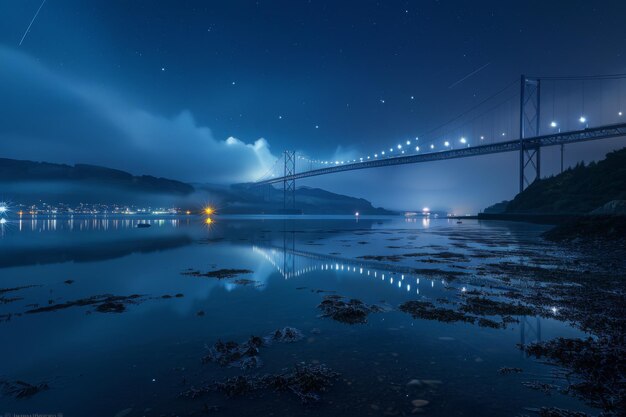 水面上の橋の夜の景色ライトが点いている