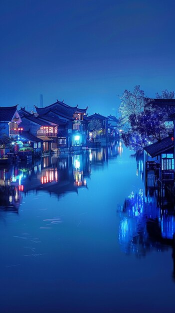 Photo nighttime view of a canal with a boat and buildings on both sides generative ai