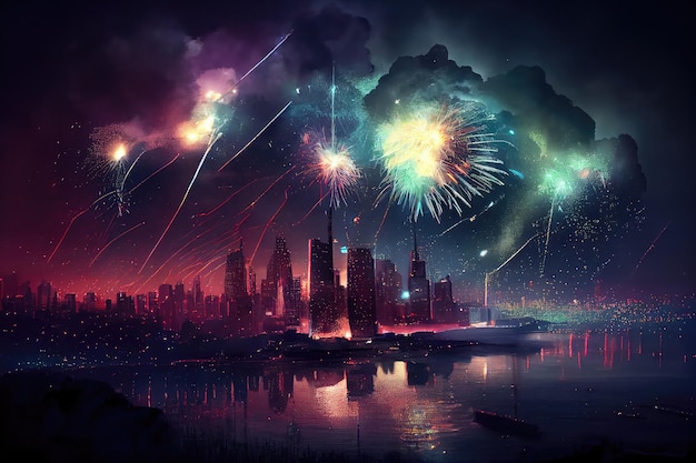 Nighttime view of city skyline with fireworks exploding in the sky