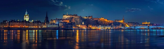 Photo nighttime view of a city with a bridge and a castle