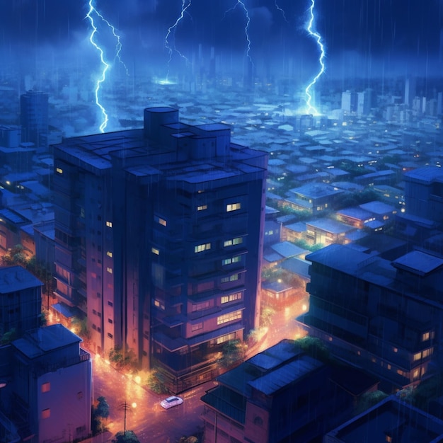 Nighttime view of a city with lightning and rain generative ai