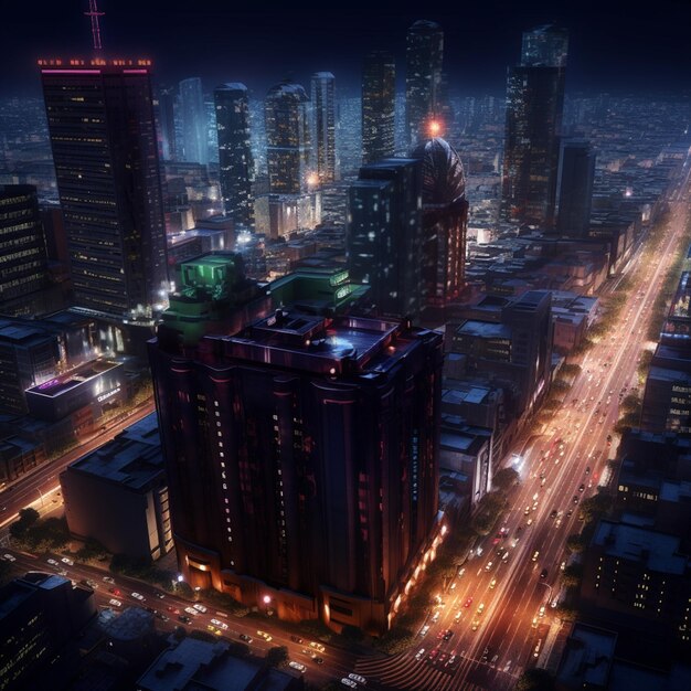 Ночной вид города с большим количеством высоких зданий