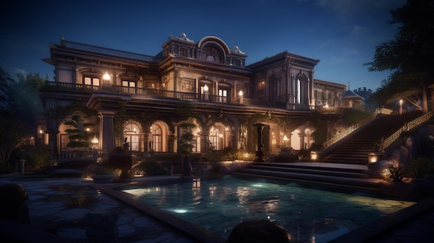 nighttime view of a mansion with a pool and fountain generative ai