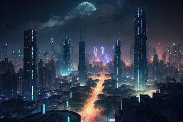 Ночной вид на мегаполис с его высокими небоскребами и освещенными оживленными улицами