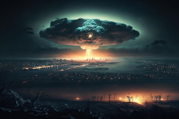 Nighttime view of nuclear bomb exploding in the distance with city illuminated by its light created