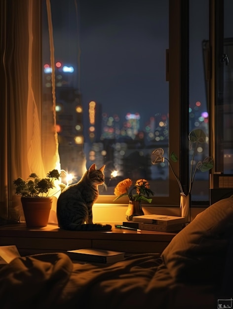 写真 窓際に座って街を見下ろしている猫の夜の景色