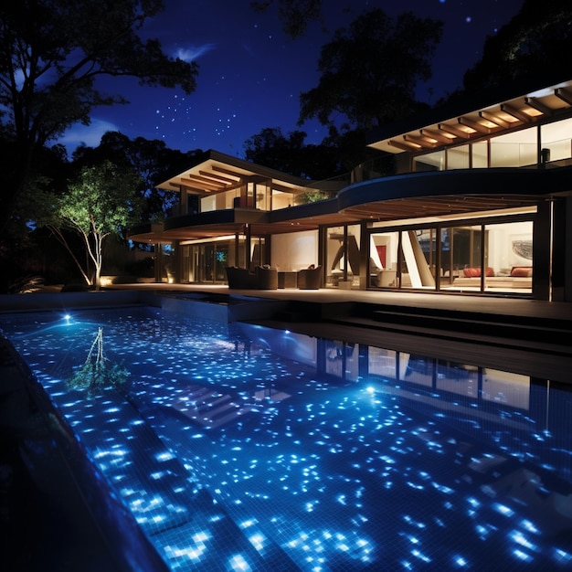 nighttime view of a pool with a house in the background generative ai