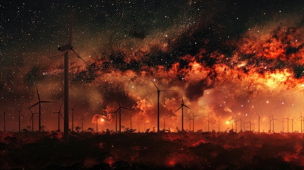 Nighttime view of a wind farm silhouetted against the dark sky