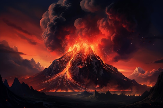 Nighttime Volcanic Eruption Glowing Lava