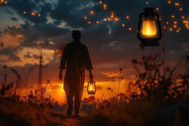 Nighttime walk with kerosene lamp journey of faith and spirituality