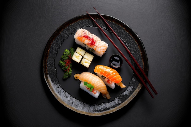 Nigiri sushi with shrimp served with wooden chopsticks on a black plate Close up of a nigiri set with chopsticks in the backdrop together with uramaki and hosomaki Japanese food is being consumed a