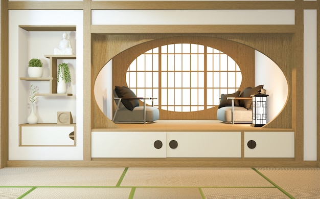 Nihon room design interior with door paper and cabinet shelf wall on tatami mat floor room japanese style. 3D rendering