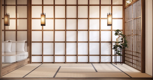 Nihon room design interior with door paper and wall on tatami mat floor room japanese style