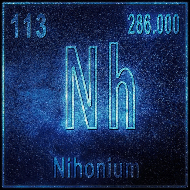 Foto elemento chimico nihonium, segno con numero atomico e peso atomico, elemento tavola periodica