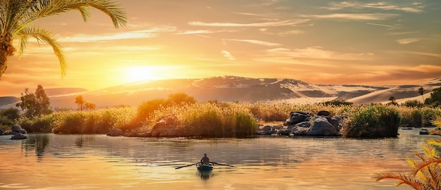 Nijl in Aswan bij zonsondergang