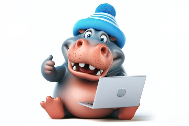nijlpaard met laptop met duimen op witte achtergrond