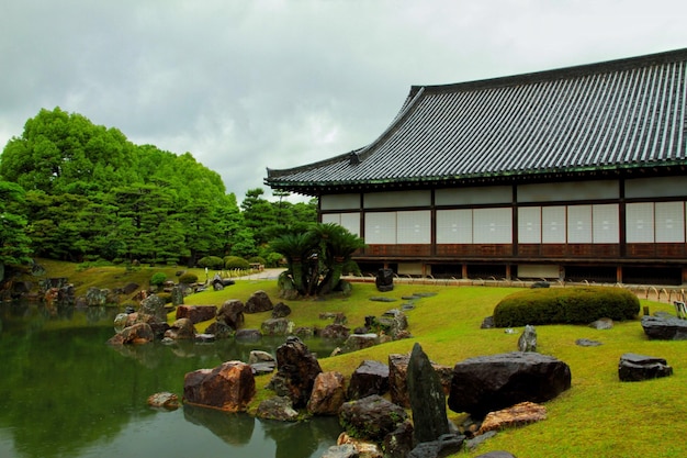 Photo nijo castle by pond against sky